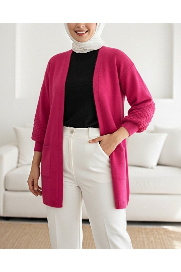 Balloon Sleeve Pompom Pocket Cardigan - Fuchsia