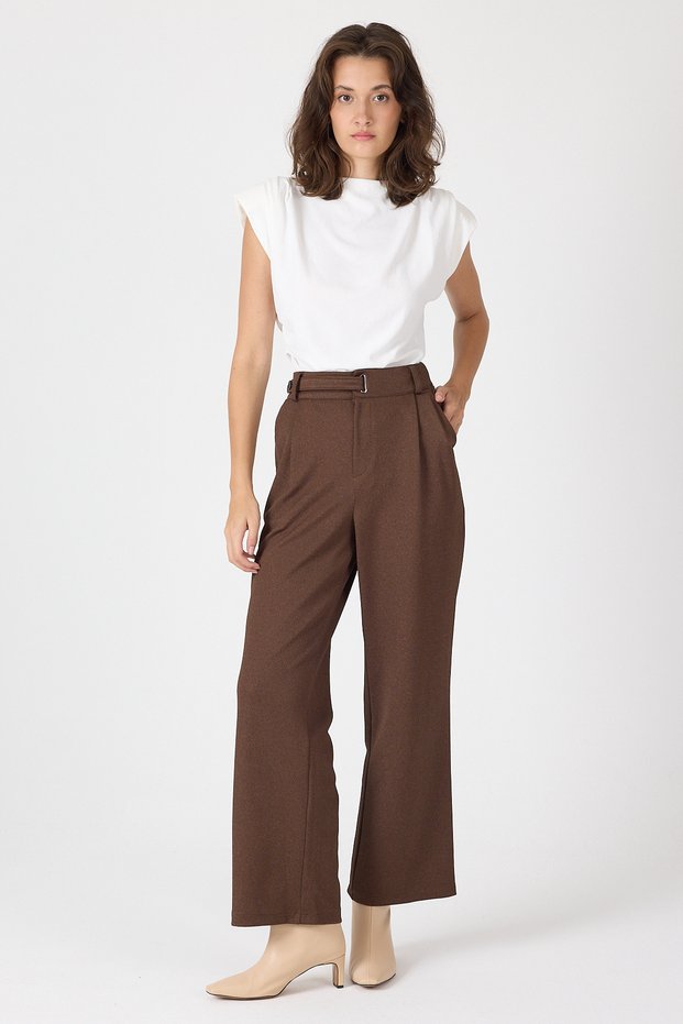 Brown Belt Pack High Waist Wide-Leg Women's Trousers 8147A