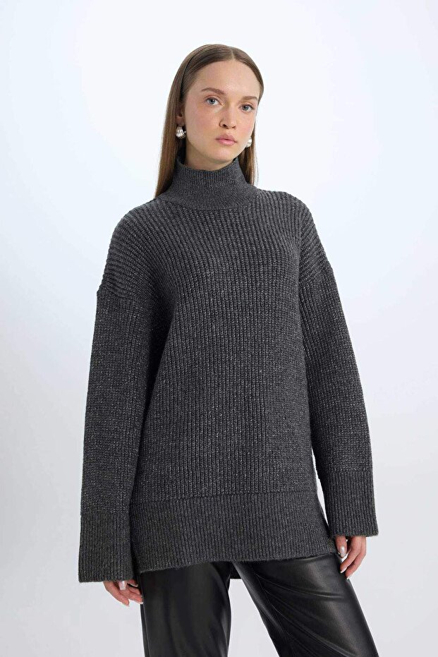 Regular Fit Balıkçı Yaka Basic Düz Triko Kazak Tunik B6376AX24WN - 4