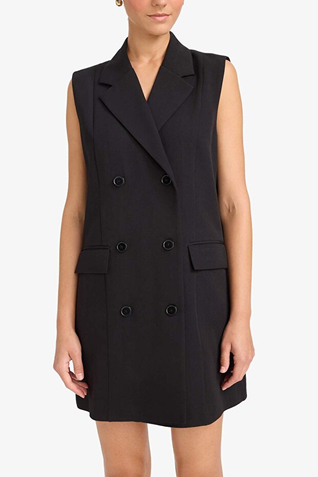 A-vonalú duplasoros nyakkivágás gombokkal Basic Solid ujjatlan Midi fekete blézer ruha D4186AX24AU - 4