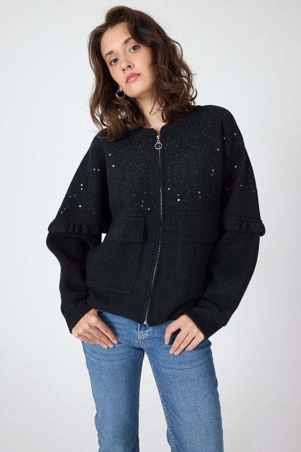 6890 Collar Detail Large Pocket Cardigan Black