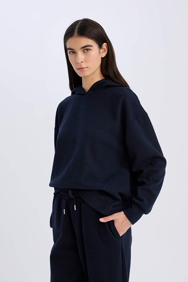 Relax Fit Kapüşonlu Basic Düz Sweatshirt E1995AX24WN - 3