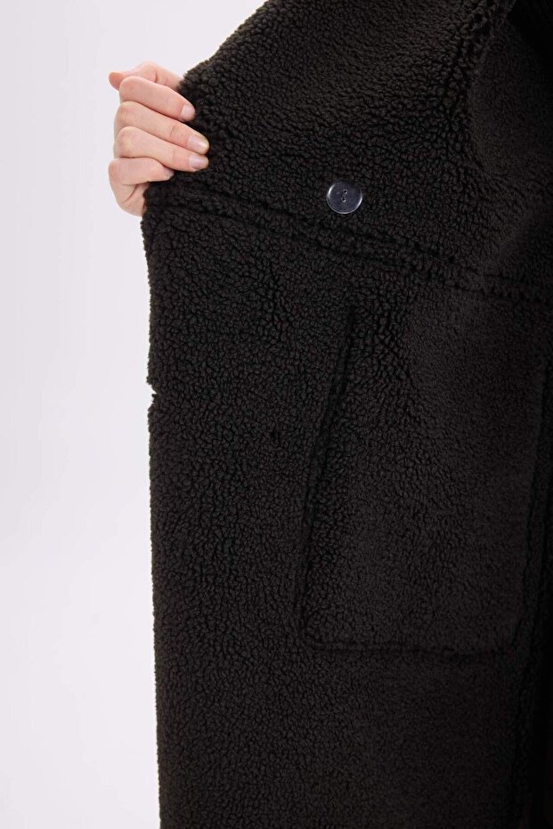 Faux Leather Plush Lined Tuxedo Lapel Parka with Buttons and Pockets, Regular Fit D0840Ax24Wn - 7