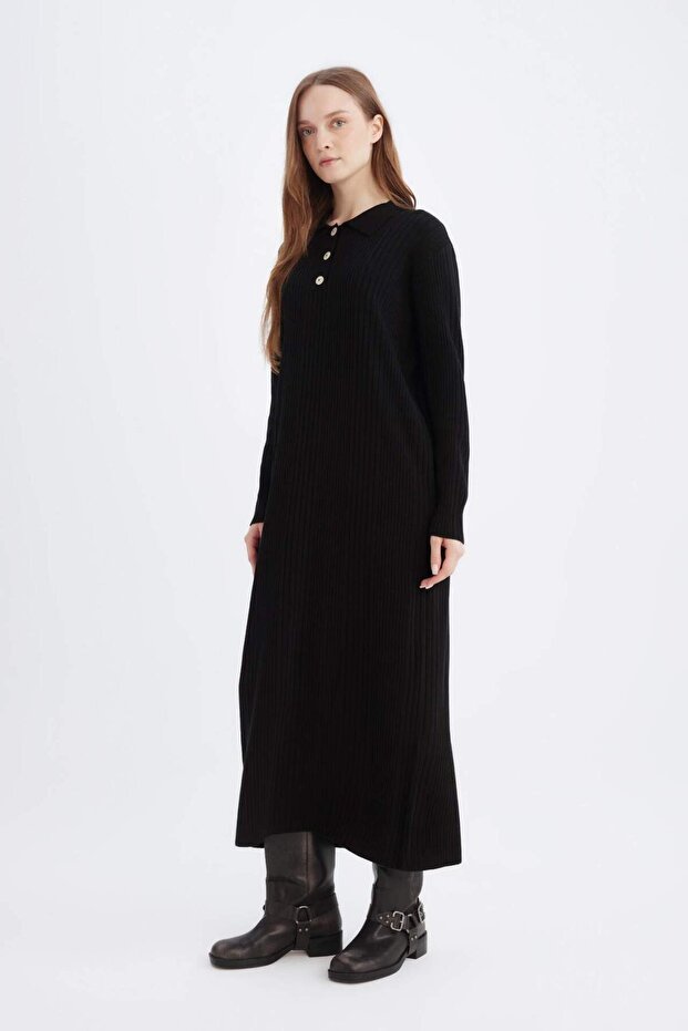 Regular Fit Polo Yaka Basic Düz Maxi Triko Elbise D5434AX24WN - 3