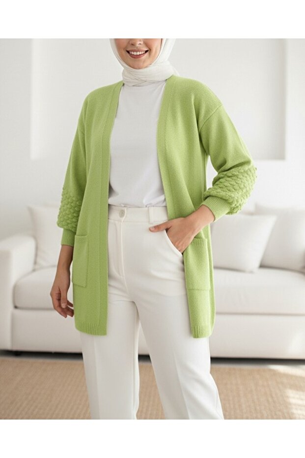 Balloon Sleeve Pompom Pocket Cardigan -F.Green