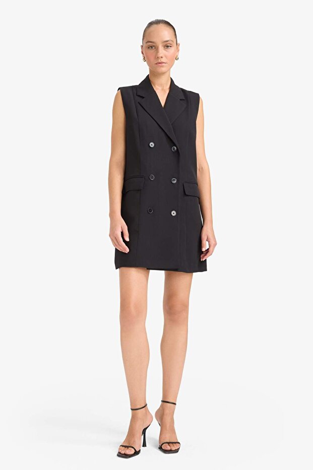 A-vonalú duplasoros nyakkivágás gombokkal Basic Solid ujjatlan Midi fekete blézer ruha D4186AX24AU - 1