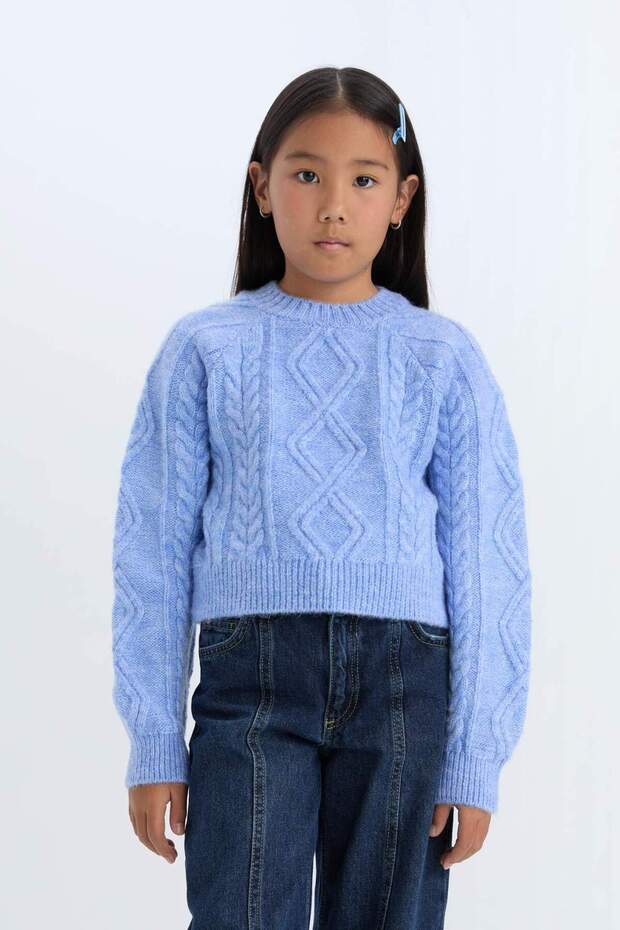 Kız Çocuk Bisiklet Yaka Saç Örgülü Triko Kazak D1361A824WN - 6