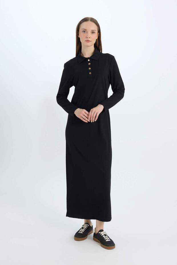 Regular Fit Gömlek Yaka Basic Düz Uzun Kollu Pike Maxi Elbise E1417AX24WN - 1