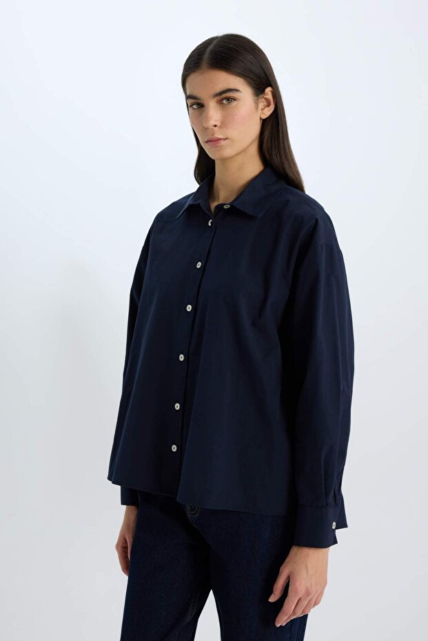 Oversize Geniş Kalıp Poplin Basic Düz Uzun Kollu Gömlek E2677AX24WN - 3