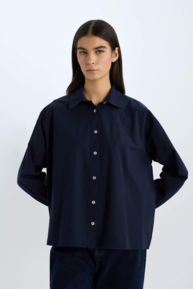 Oversize Geniş Kalıp Poplin Basic Düz Uzun Kollu Gömlek E2677AX24WN - 4