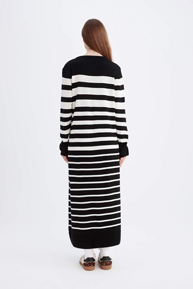Regular Fit Çizgili Uzun Kollu Maxi Triko Elbise C3539AX24WN - 8
