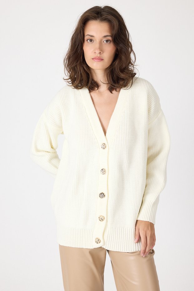 Bone V-Neck Buttoned Knitted Women's Cardigan 6765