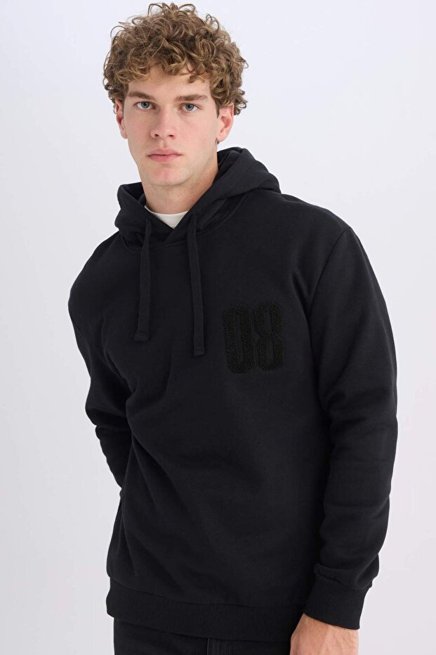Black Relax Fit Hooded Printed Thick Sweatshirt D2682Ax24Au