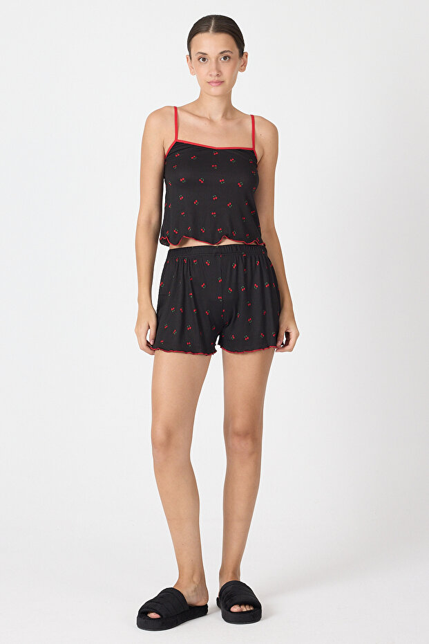 طقم بيجامة قصيرة بنقشة الكرز الأسود 3415 - 2