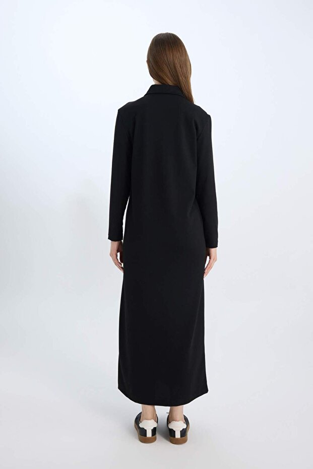 Regular Fit Gömlek Yaka Basic Düz Uzun Kollu Pike Maxi Elbise E1417AX24WN - 5