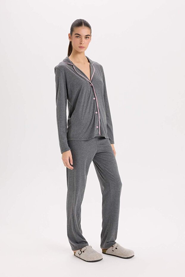 Pijama Takımı Regular Fit Uzun Kollu Üst Uzun Alt-Fall in Love E2246AXNS - 4