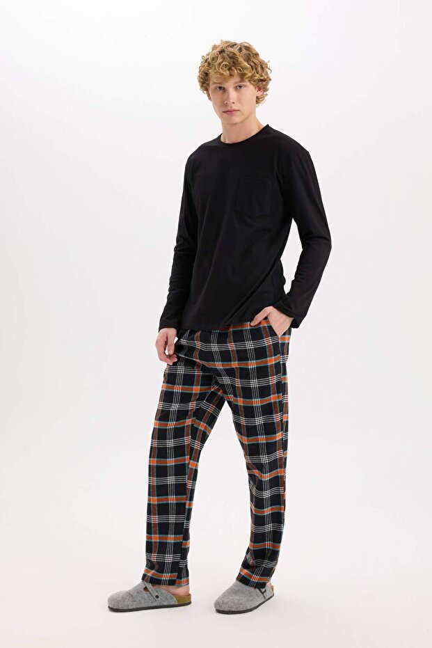 Regular Fit Pijama Takımı Bisiklet Yaka Basic Düz Uzun Kollu Üst Kareli Uzun Alt C6122AX24WN - 2