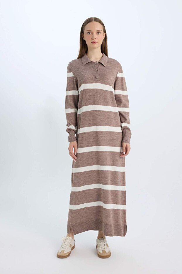 Regular Fit Polo Neck Buttoned Striped Long Sleeve Maxi Knit Dress D6523Axns