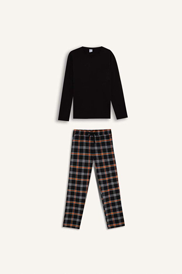 Regular Fit Pijama Takımı Bisiklet Yaka Basic Düz Uzun Kollu Üst Kareli Uzun Alt C6122AX24WN - 7