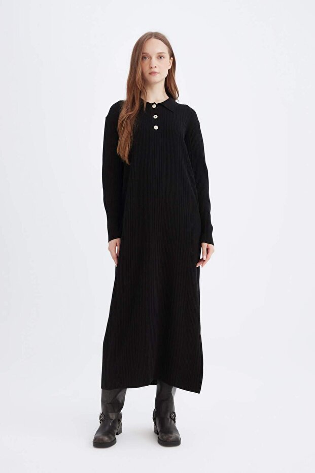 Regular Fit Polo Yaka Basic Düz Maxi Triko Elbise D5434AX24WN - 1