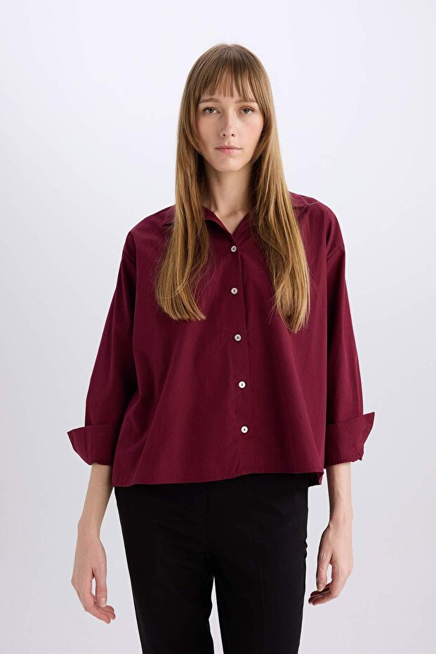 Oversize Geniş Kalıp Poplin Basic Düz Uzun Kollu Gömlek E2677AX24WN - 3