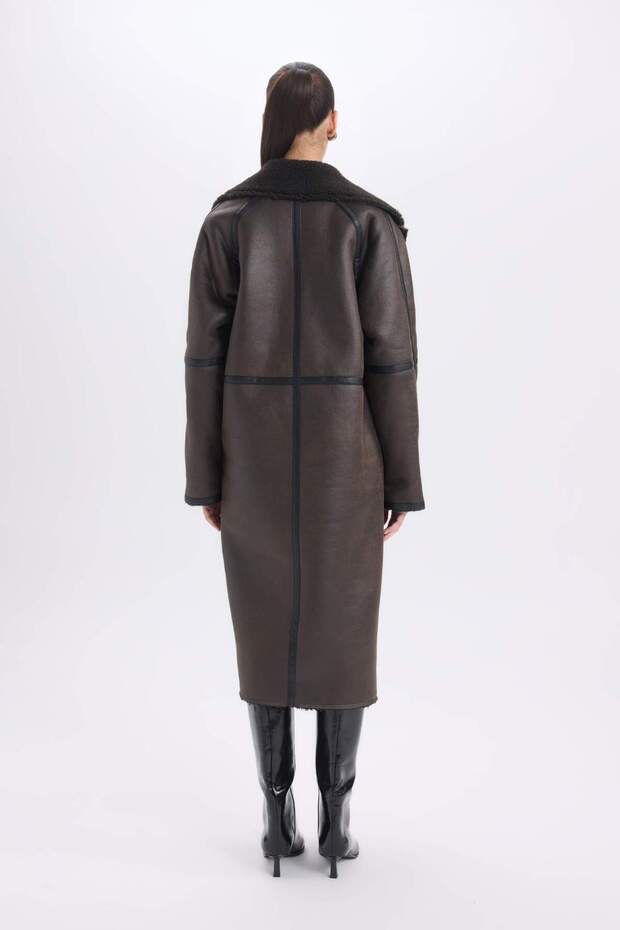 Faux Leather Plush Lined Tuxedo Lapel Parka with Buttons and Pockets, Regular Fit D0840Ax24Wn - 8