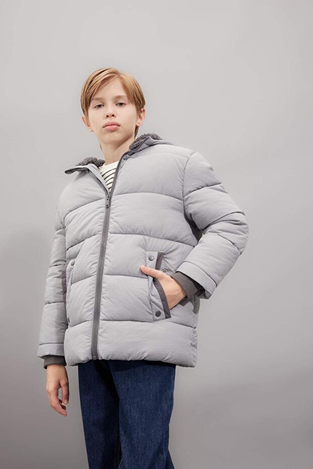 Plush Lined Inflatable Coat for Boy - Hooded, Zippered, and Pockets C8785A824Wn