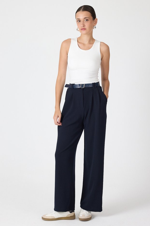 Midnight Blue Double Pleated Detail Belted Women's Trousers 5009