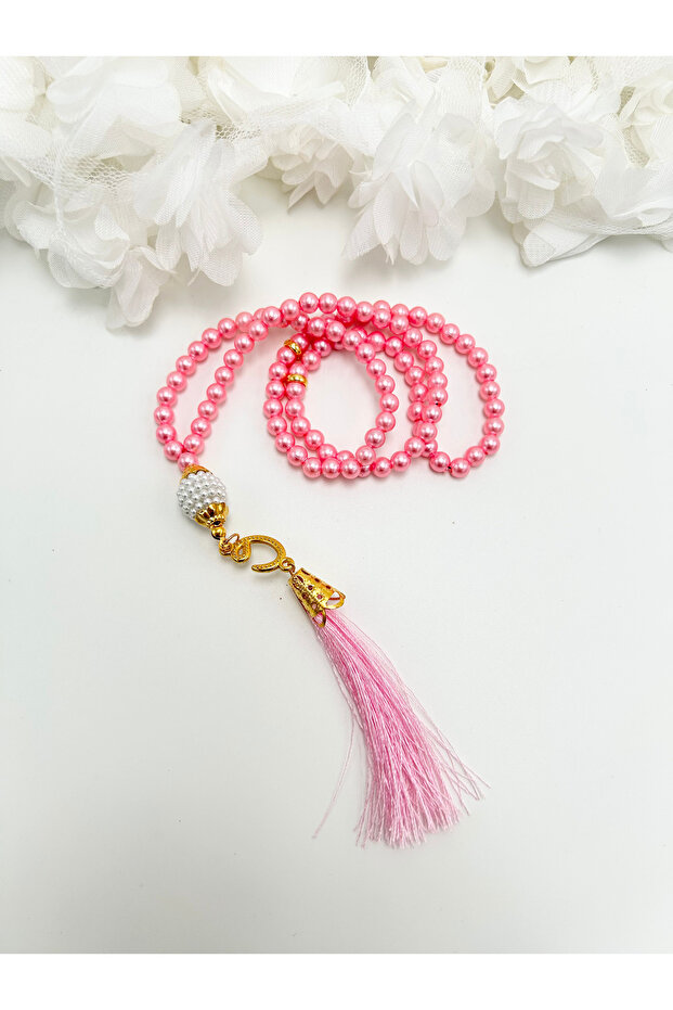 50 Pieces of Pink Gift-Tied Plastic Pearl Prayer Beads with Tassels (Mevlit-Circumcision-Hajj-Umrah)