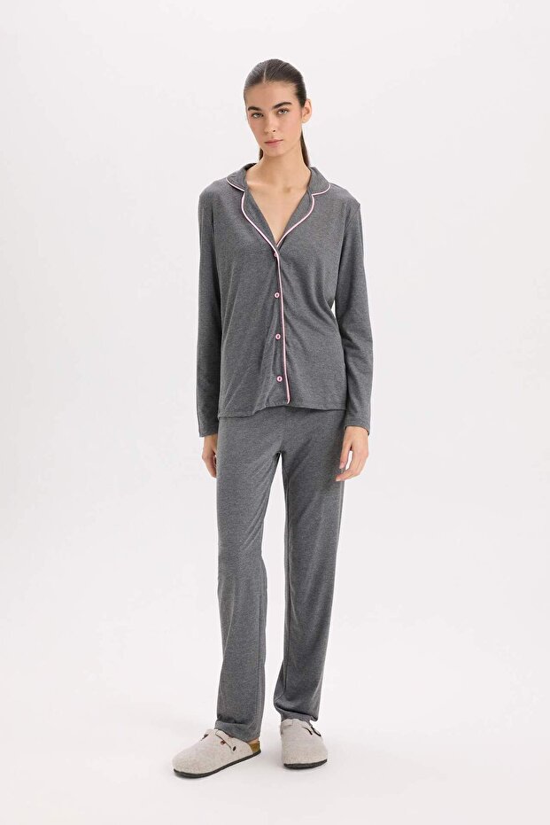 Pijama Takımı Regular Fit Uzun Kollu Üst Uzun Alt-Fall in Love E2246AXNS - 3