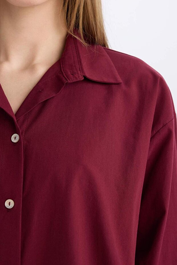 Oversize Geniş Kalıp Poplin Basic Düz Uzun Kollu Gömlek E2677AX24WN - 5