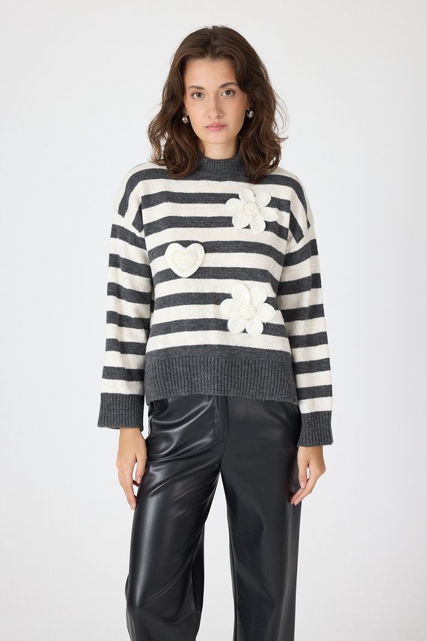 Gray Striped Sweater with Embroidery Detail 7090