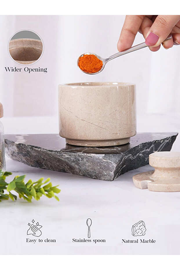 Handmade Verona Marble Salt, Sugar & Spice Jar – 7.62 cm Salt Cellar with Lid & Spoon