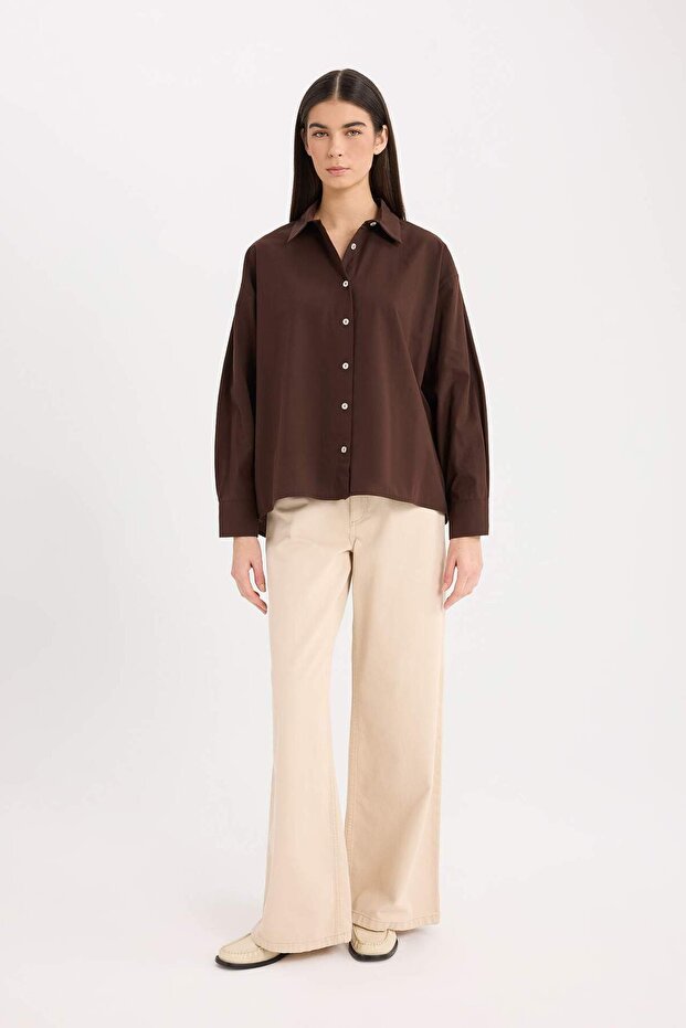 Oversize Geniş Kalıp Poplin Basic Düz Uzun Kollu Gömlek E2677AX24WN - 2
