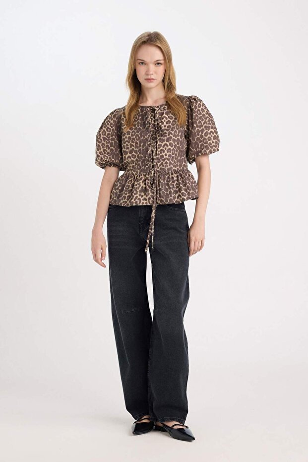 Regular Fit Round Neck Leopard Print Tie Front Poplin Short Sleeve Blouse E2670Ax24Au - 2