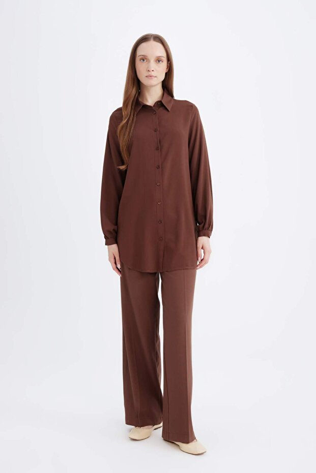 Regular Fit Basic Düz Viskon Uzun Kollu Gömlek Tunik D2613AX24AU - 2