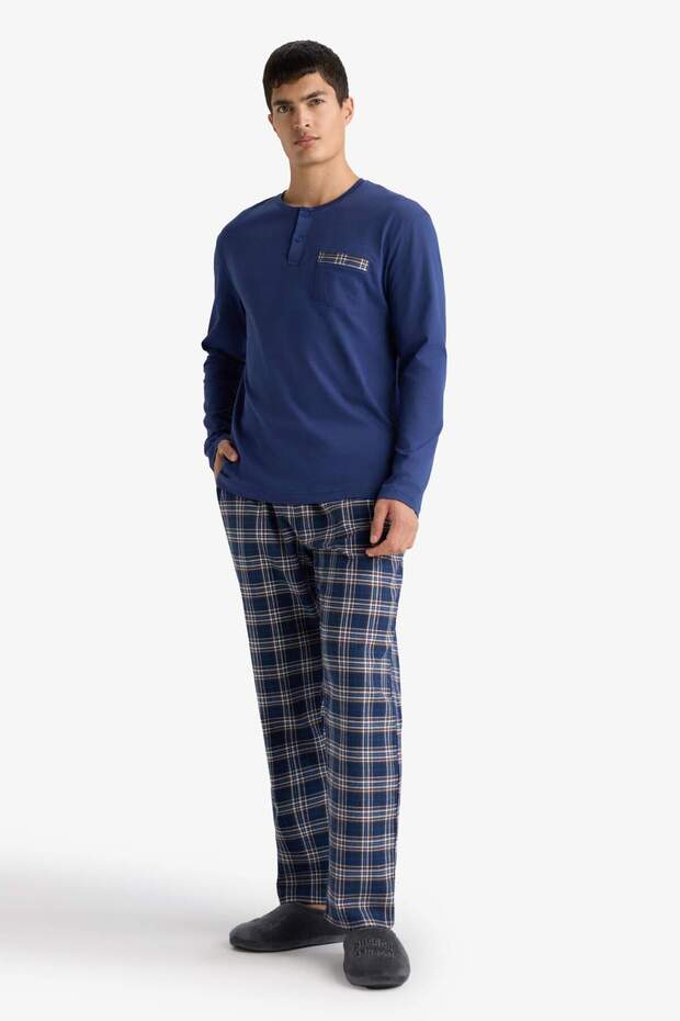 Regular Fit Pijama Takımı Bisiklet Yaka Uzun Kollu Üst Kareli Alt D0040AX24WN - 3
