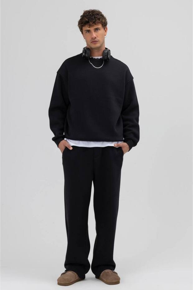Basic Siyah Unisex Oversize Premium Sweatshirt - 3