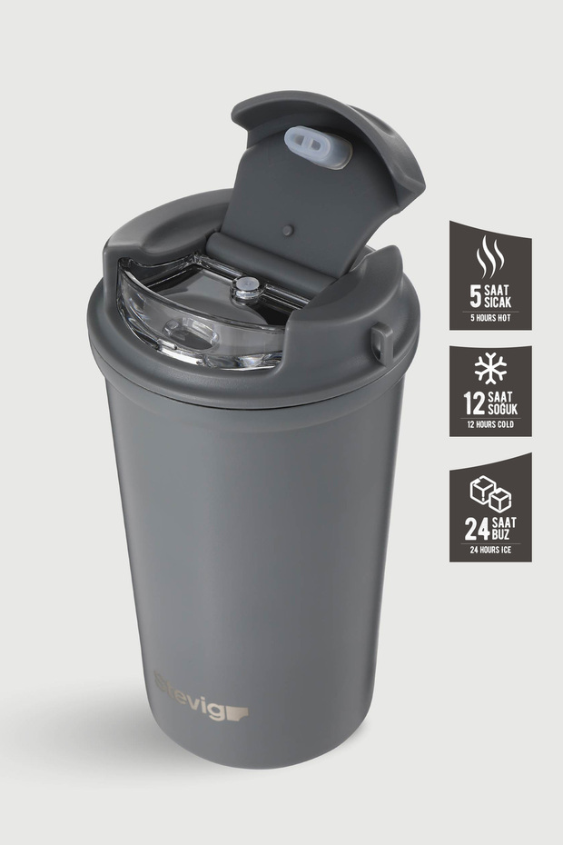 4 Work Flip Open Coffee Mug Çelik Termos 400 ML Grey ST-251 - 2