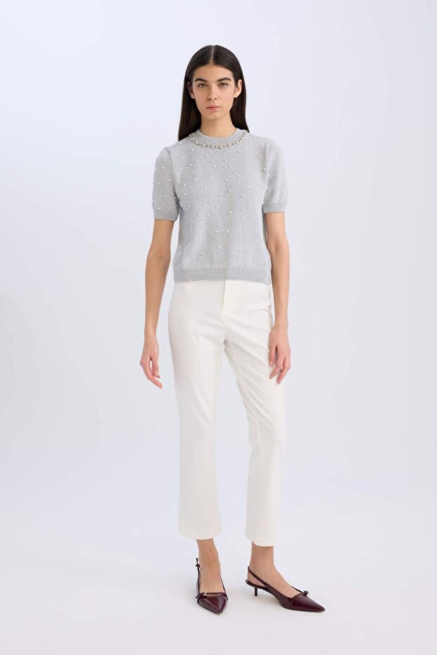 Regular Fit Taşlı Bisiklet Yaka Basic Düz Triko Kazak D8520AX24WN - 2