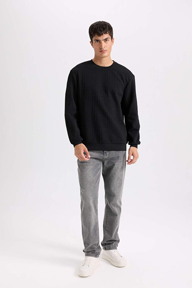 Regular Fit Bisiklet Yaka Jakarlı Basic Düz Sweatshirt D5391AX24AU - 2