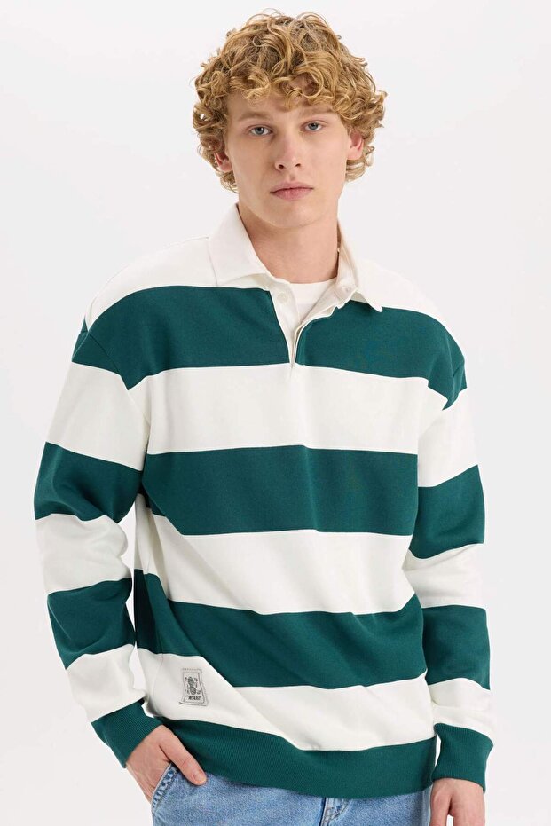 Boxy Fit Polo Collar Striped Sweatshirt D1784Ax24Wn