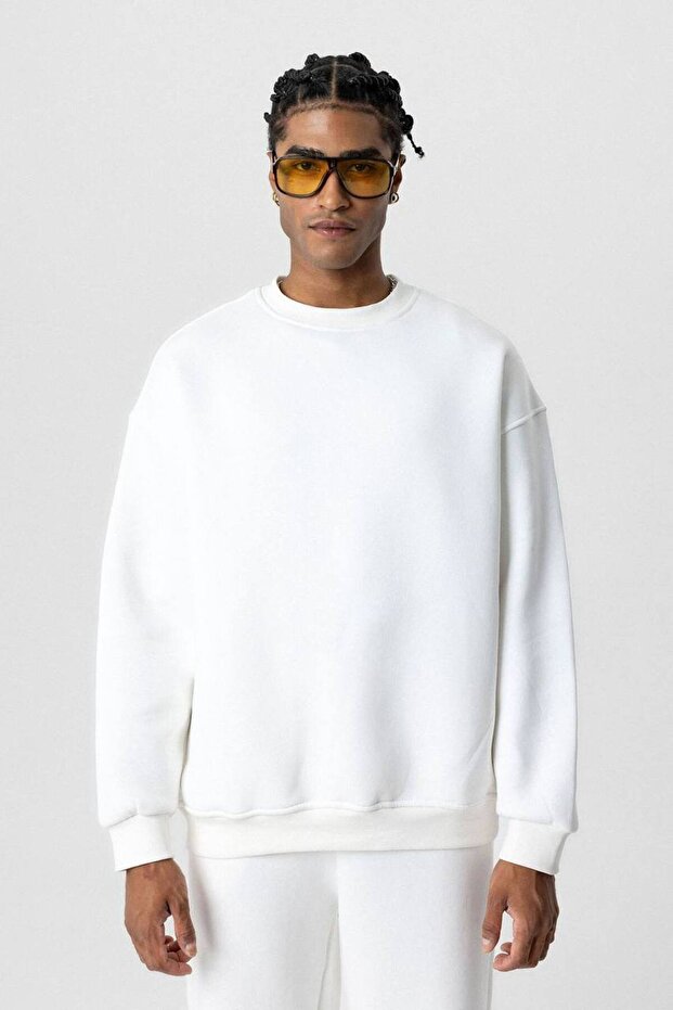 Basic Beyaz Unisex Oversize Premium Sweatshirt - 5