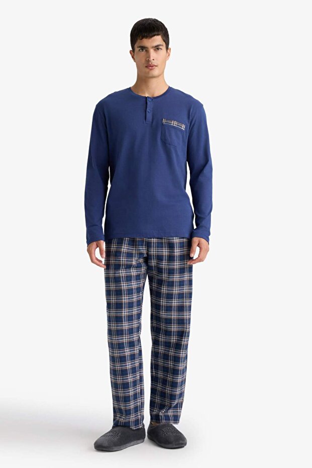 Regular Fit Pijama Takımı Bisiklet Yaka Uzun Kollu Üst Kareli Alt D0040AX24WN - 2