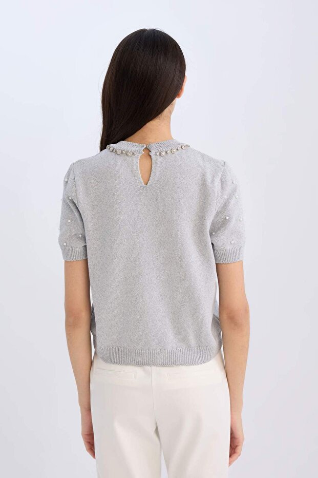 Regular Fit Taşlı Bisiklet Yaka Basic Düz Triko Kazak D8520AX24WN - 6