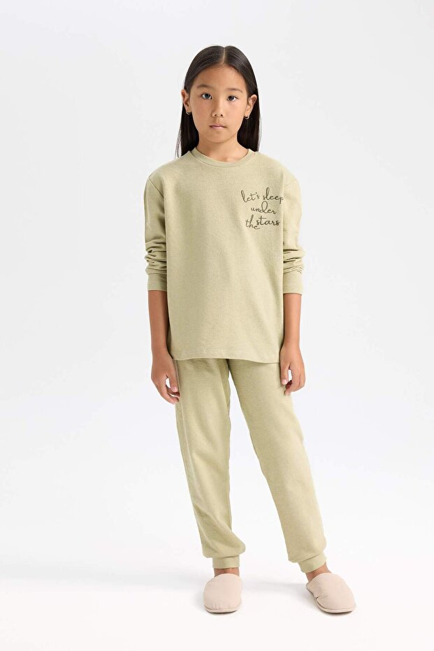 Kız Çocuk Pijama Takımı Baskılı Uzun Kollu Üst Beli Lastikli Uzun Alt D6655A824WN - 1