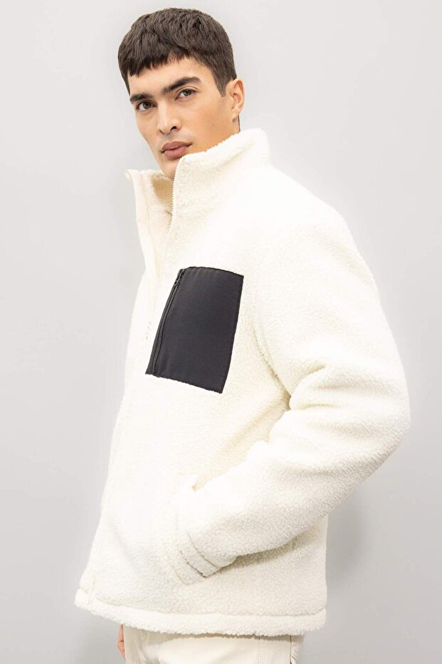 Slim Fit Slim Fit Plush Coat with Stand Collar and Zippered Pockets A3255Ax24Wn