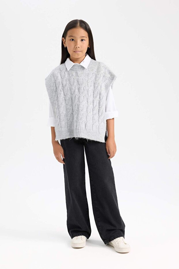 Kız Çocuk Bisiklet Yaka Saç Örgüsü Desenli Triko Süveter C9659A824WN - 2