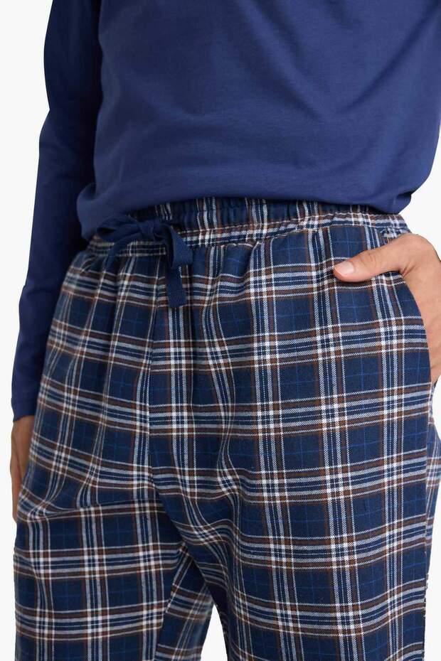 Regular Fit Pijama Takımı Bisiklet Yaka Uzun Kollu Üst Kareli Alt D0040AX24WN - 6