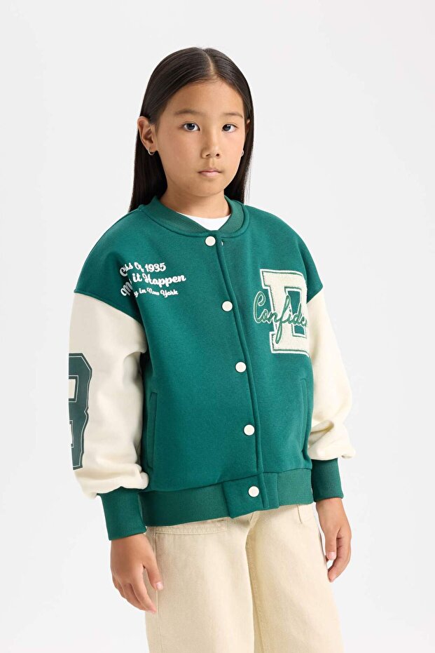 Girl's College Collar Snap Closure Pocketed Seasonal Lightweight Printed Thick Soft Fleece Bomber Jacket